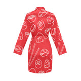sushi pattern red background Women's Long Sleeve Belted Night Robe
