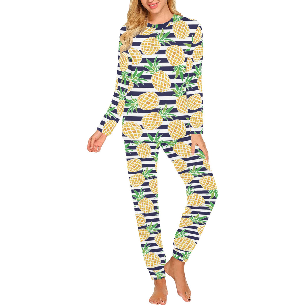 Pineapples pattern striped background Women's All Over Print Pajama Set