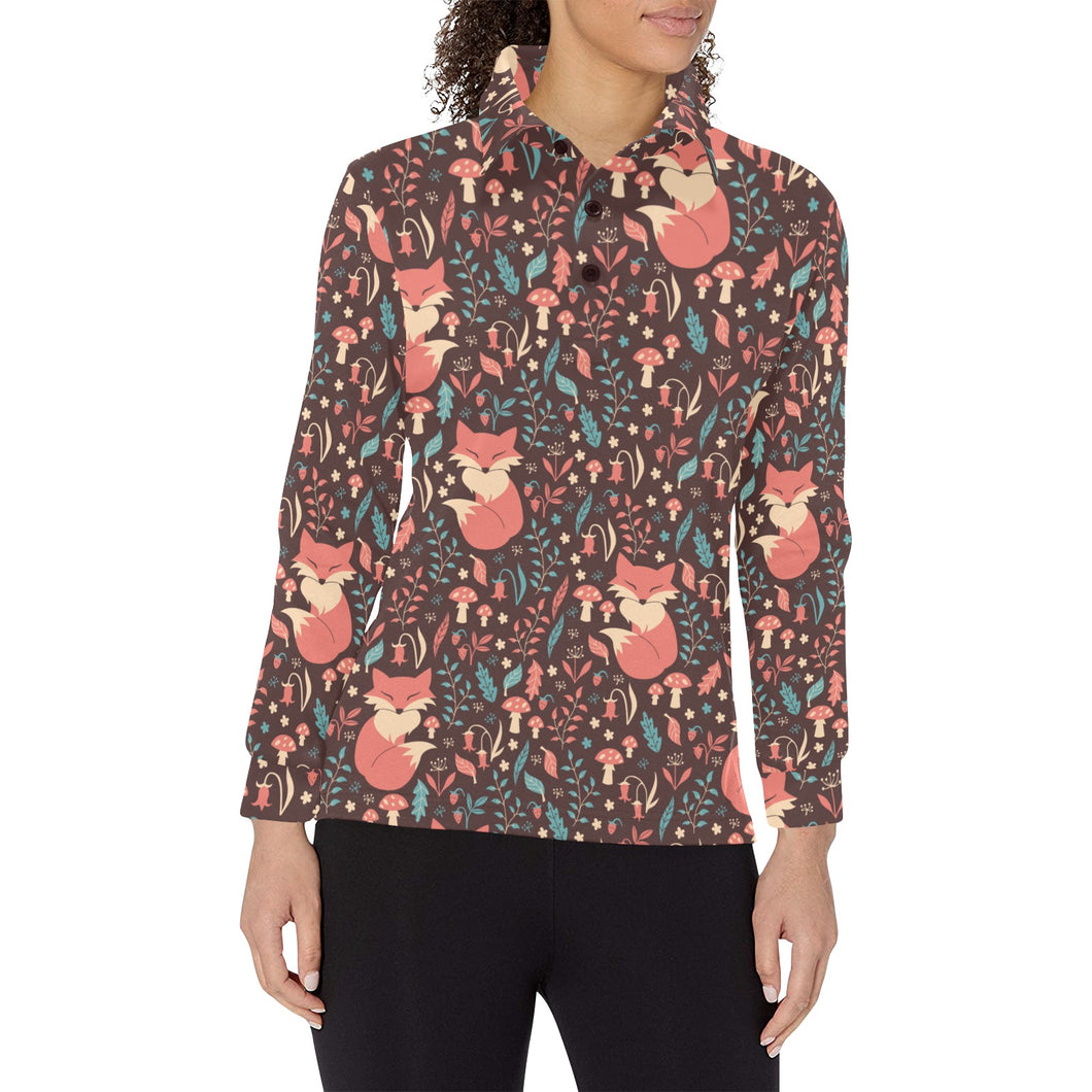 fox leaves mushroom pattern Women's Long Sleeve Polo Shirt