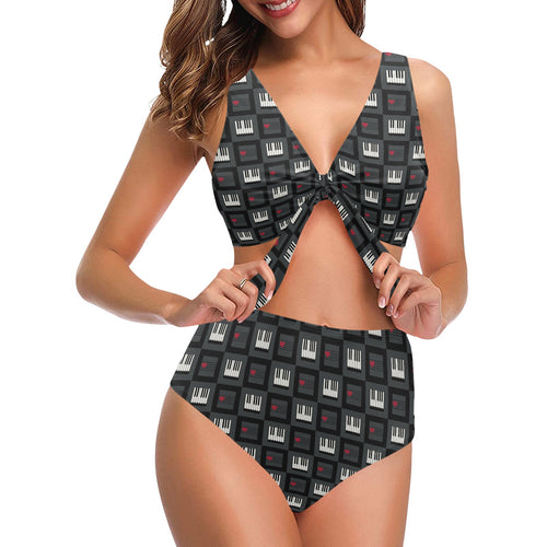 Piano Pattern Print Design 05 Chest Bowknot High Waisted Bikini Swimsuit