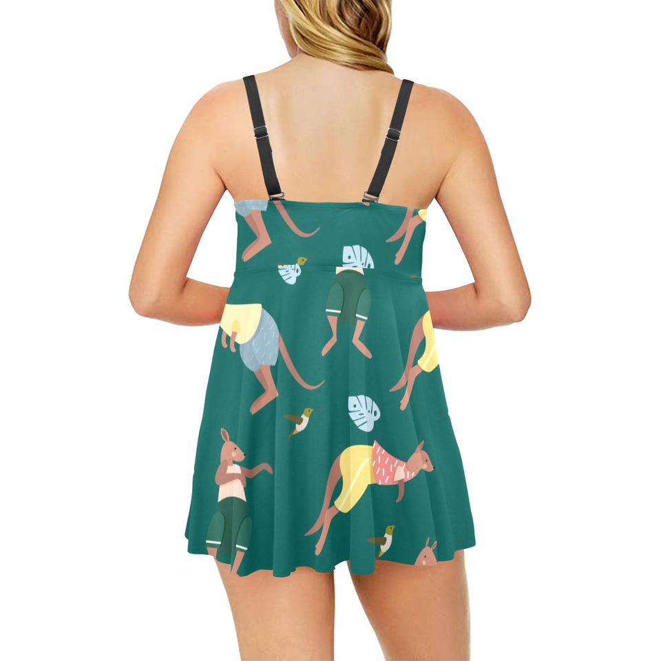 Kangaroo leaves pattern Chest Sexy Pleated Two Piece Swim Dress