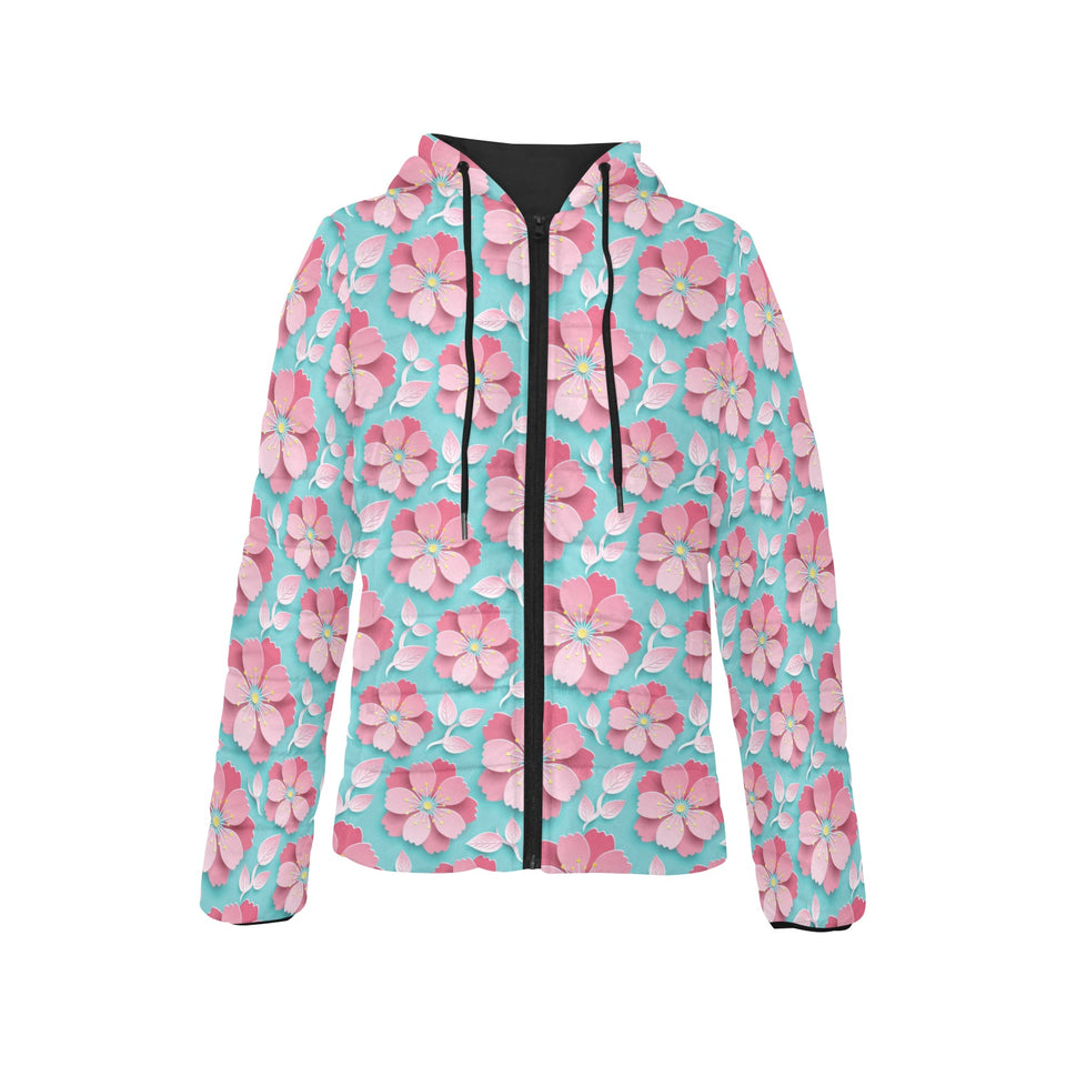 3D sakura cherry blossom pattern Women's Padded Hooded Jacket