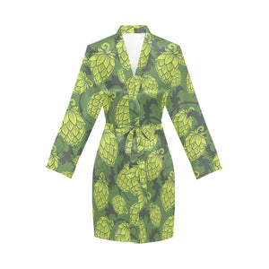 Hop pattern Hop cone background Women's Long Sleeve Belted Night Robe