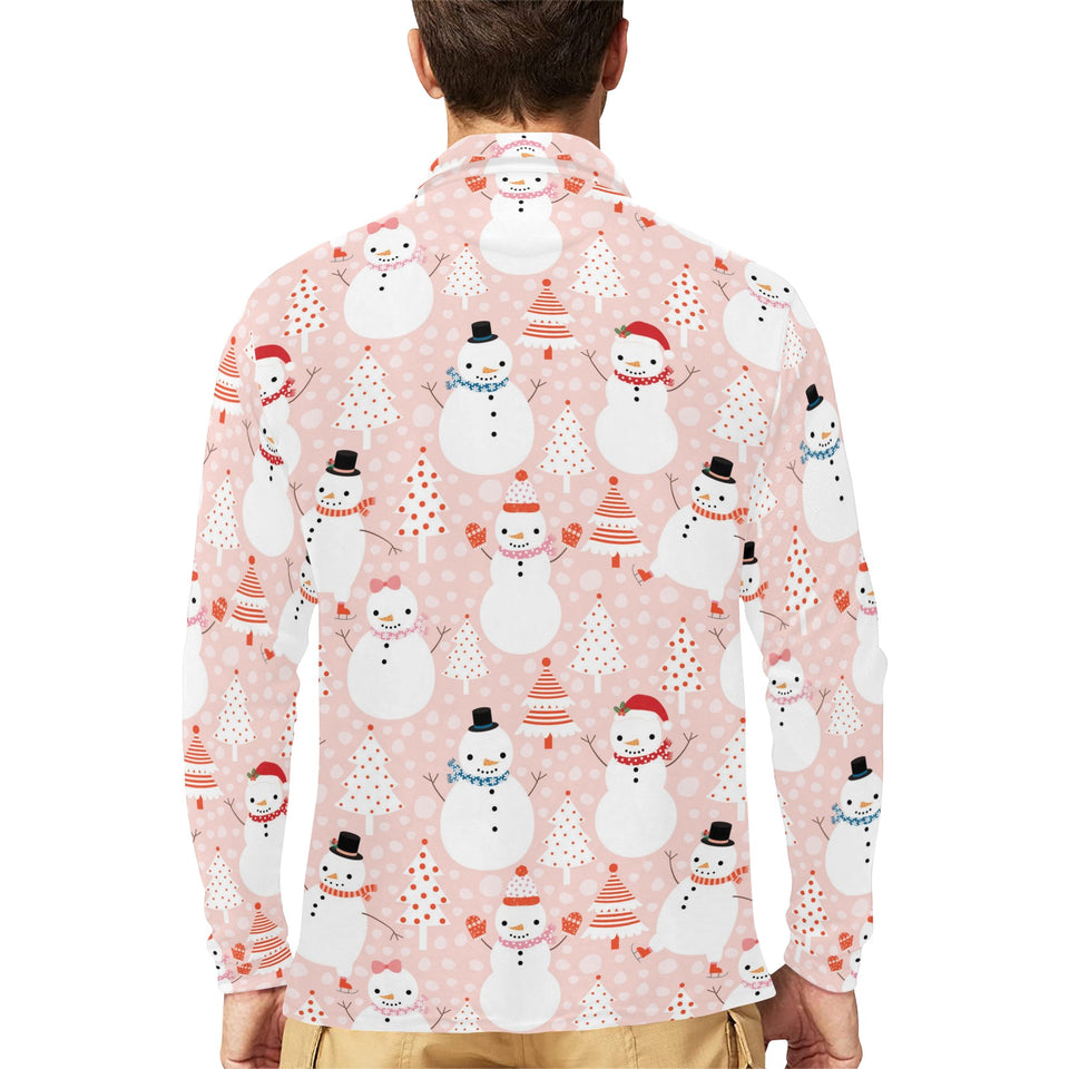 Cute snowman christmas tree snowpink background Men's Long Sleeve Polo Shirt