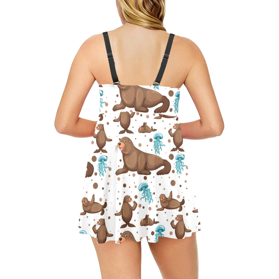 sea lion Seals jellyfish pattern Chest Sexy Pleated Two Piece Swim Dress