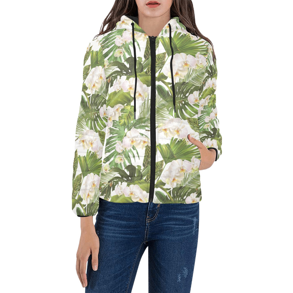White orchid flower tropical leaves pattern Women's Padded Hooded Jacket