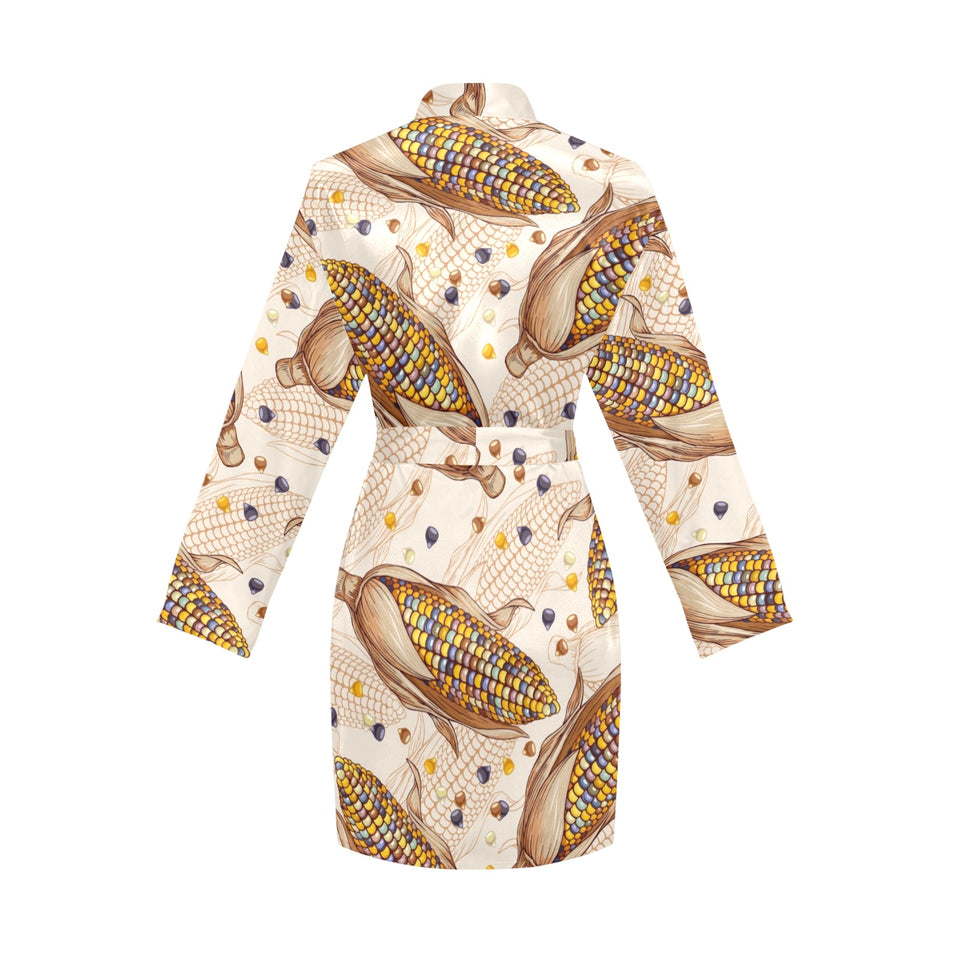 Corn Pattern Print Design 03 Women's Long Sleeve Belted Night Robe