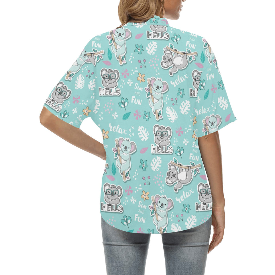 Cute koalas blue background pattern Women's All Over Print Hawaiian Shirt