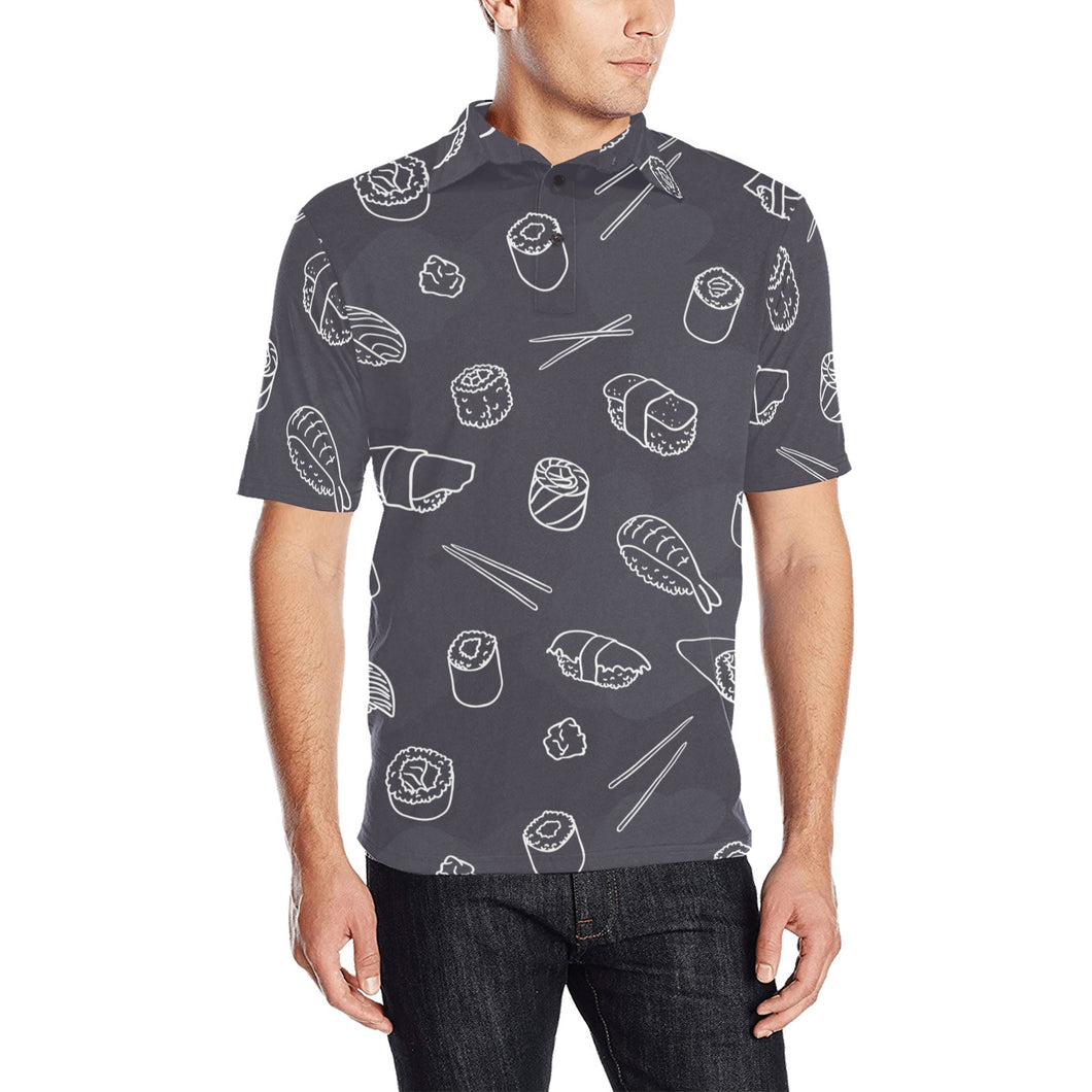 sushi pattern black background Men's All Over Print Polo Shirt