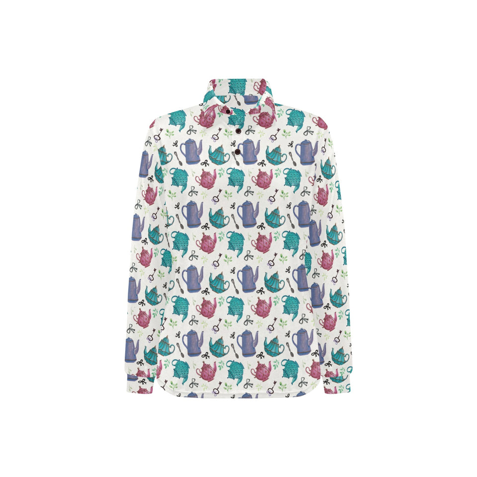 Tea pots Pattern Print Design 05 Women's Long Sleeve Polo Shirt