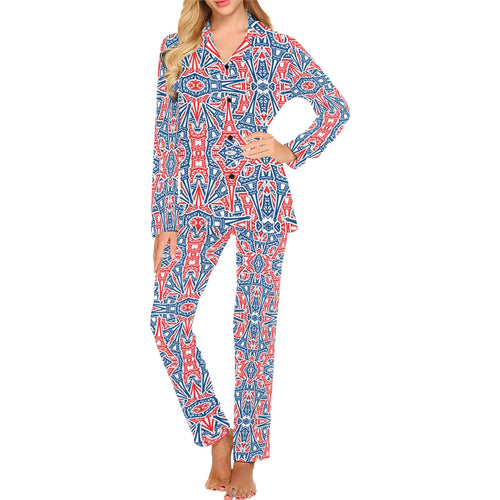 Blue Red Eiffel Tower Pattern Print Design 02 Women's Long Pajama Set