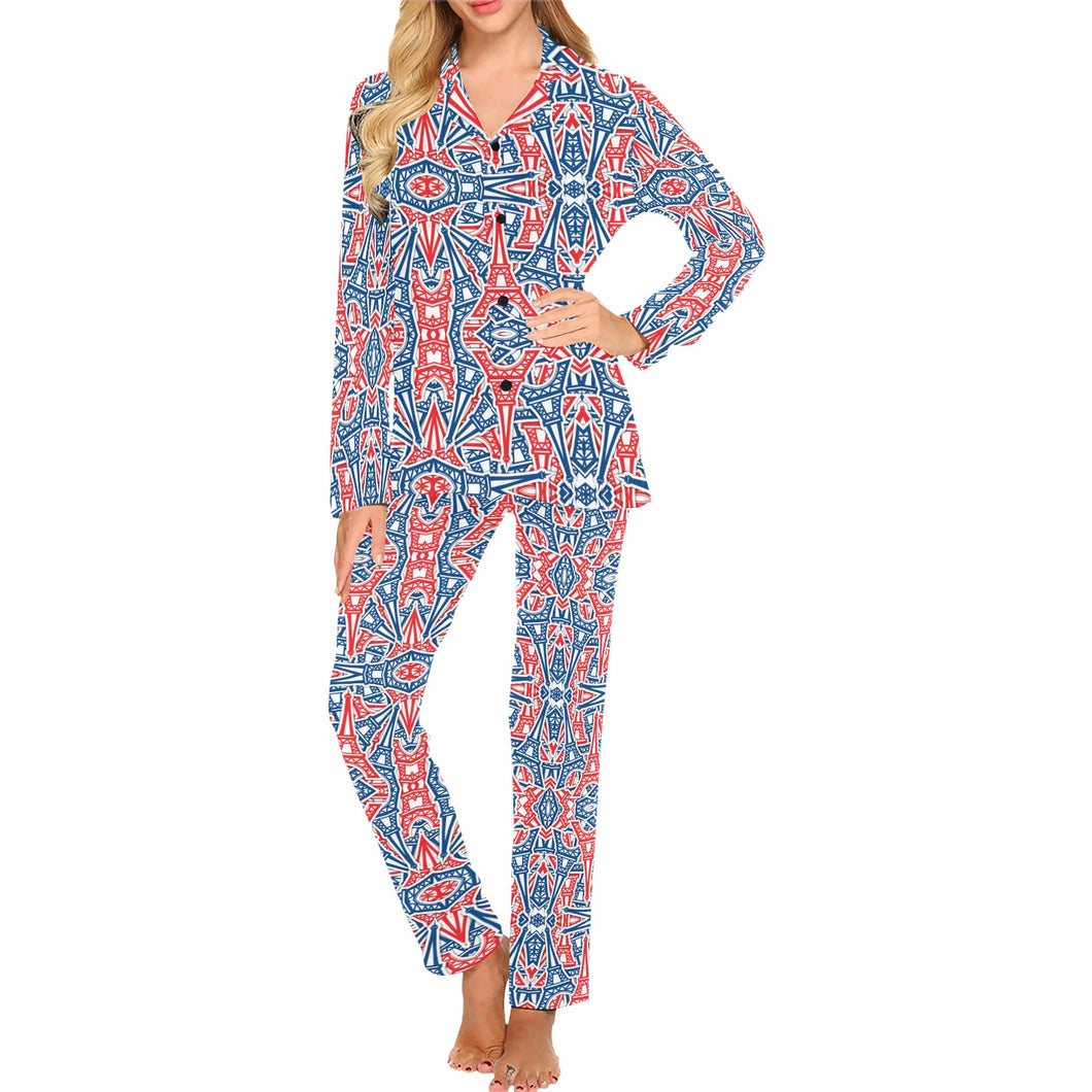 Blue Red Eiffel Tower Pattern Print Design 02 Women's Long Pajama Set