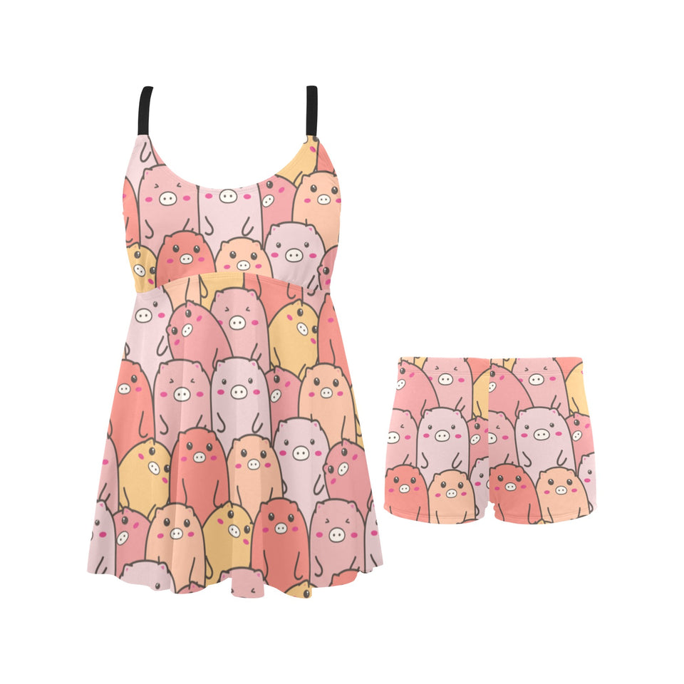 Pig Pattern Print Design 04 Chest Sexy Pleated Two Piece Swim Dress