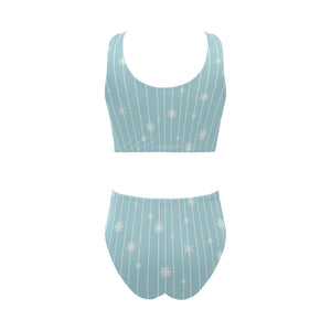 Snowflake pattern blue stripe background Chest Bowknot High Waisted Bikini Swimsuit