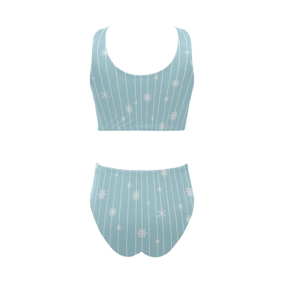 Snowflake pattern blue stripe background Chest Bowknot High Waisted Bikini Swimsuit
