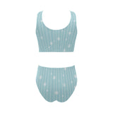 Snowflake pattern blue stripe background Chest Bowknot High Waisted Bikini Swimsuit