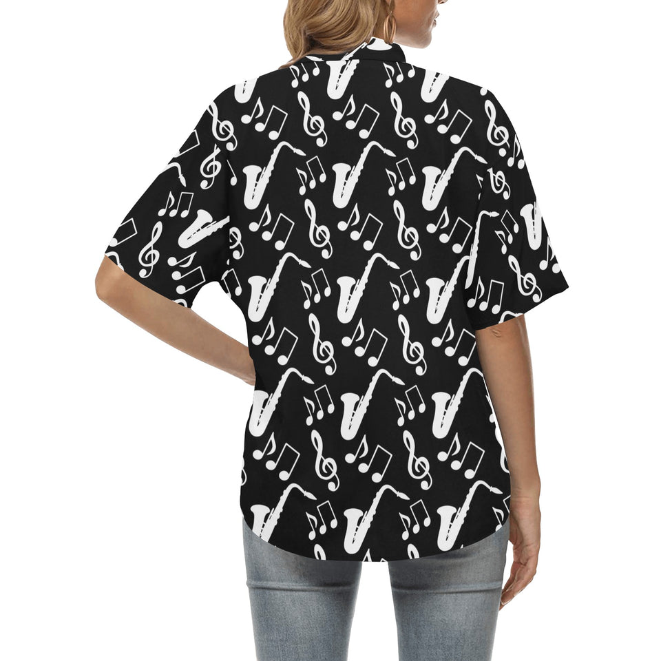 Saxophone music notes treble clef black white them Women's All Over Print Hawaiian Shirt