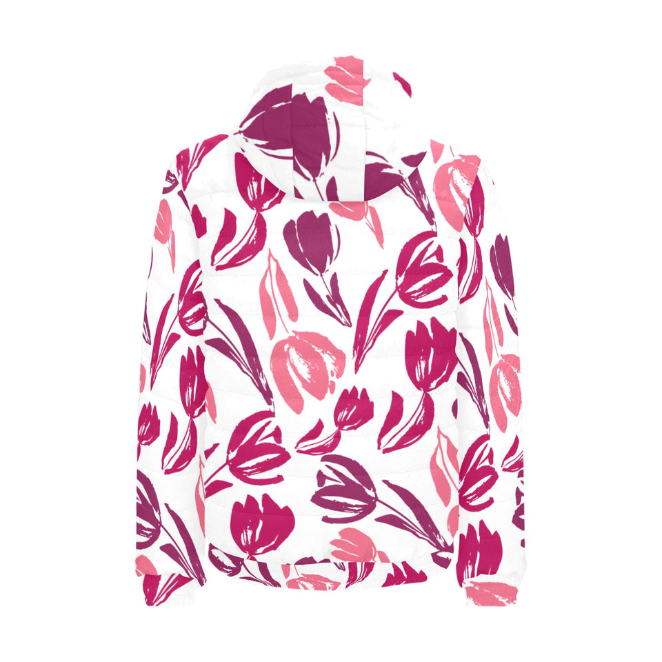 pink sketch tulip pattern Men's Padded Hooded Jacket