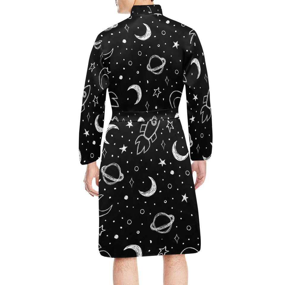 Hand drawn space rocket star planet Men's Long Sleeve Belted Night Robe