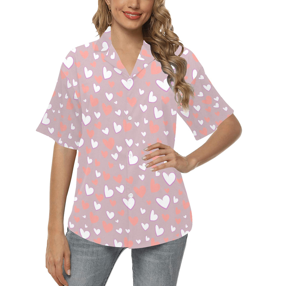 coral white heart pattern Women's All Over Print Hawaiian Shirt