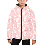 Cute white rabbit flower pink background Kids' Boys' Girls' Padded Hooded Jacket