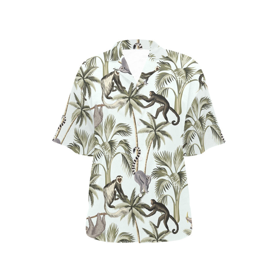 Monkey sloth lemur palm trees pattern Women's All Over Print Hawaiian Shirt