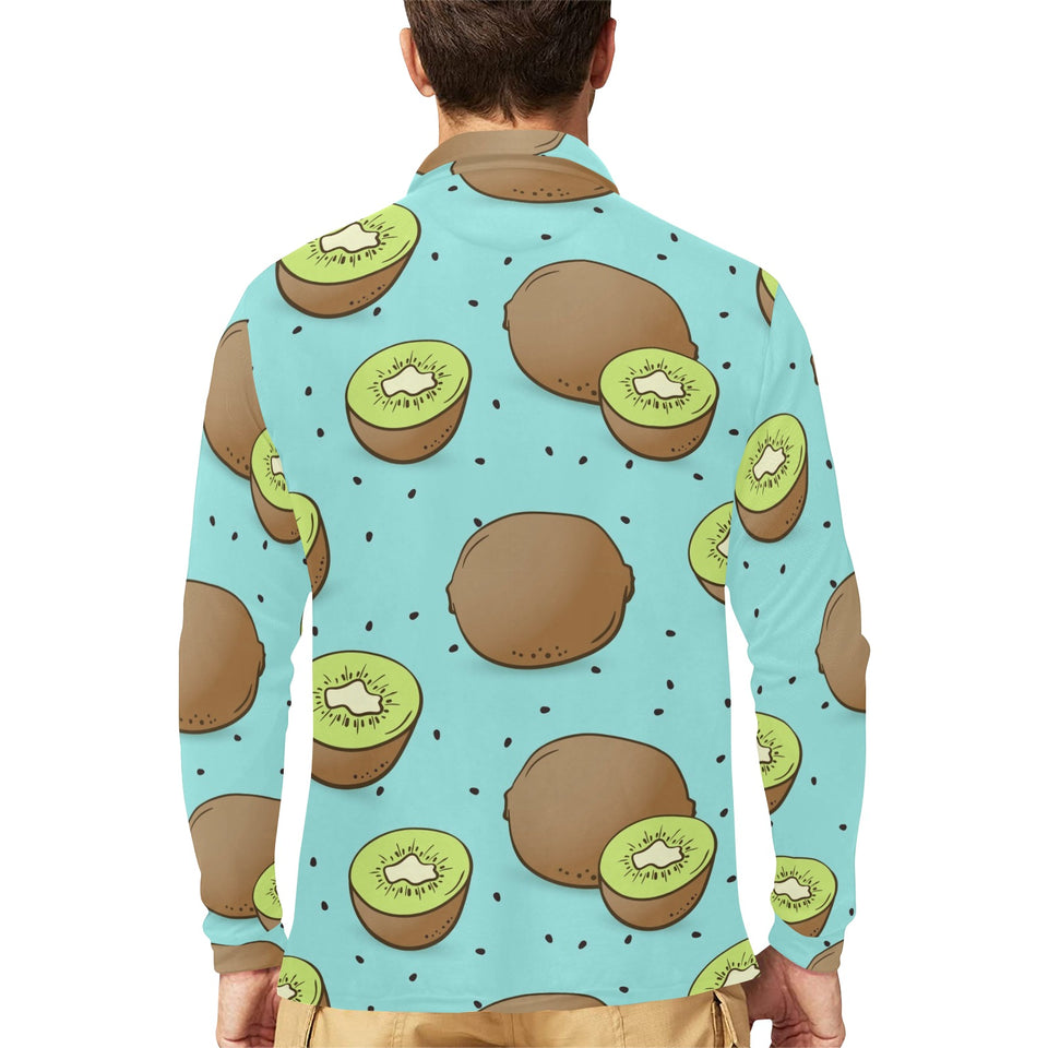 Kiwi blue background Men's Long Sleeve Polo Shirt