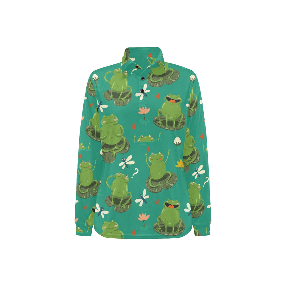 Cute frog dragonfly design pattern Women's Long Sleeve Polo Shirt