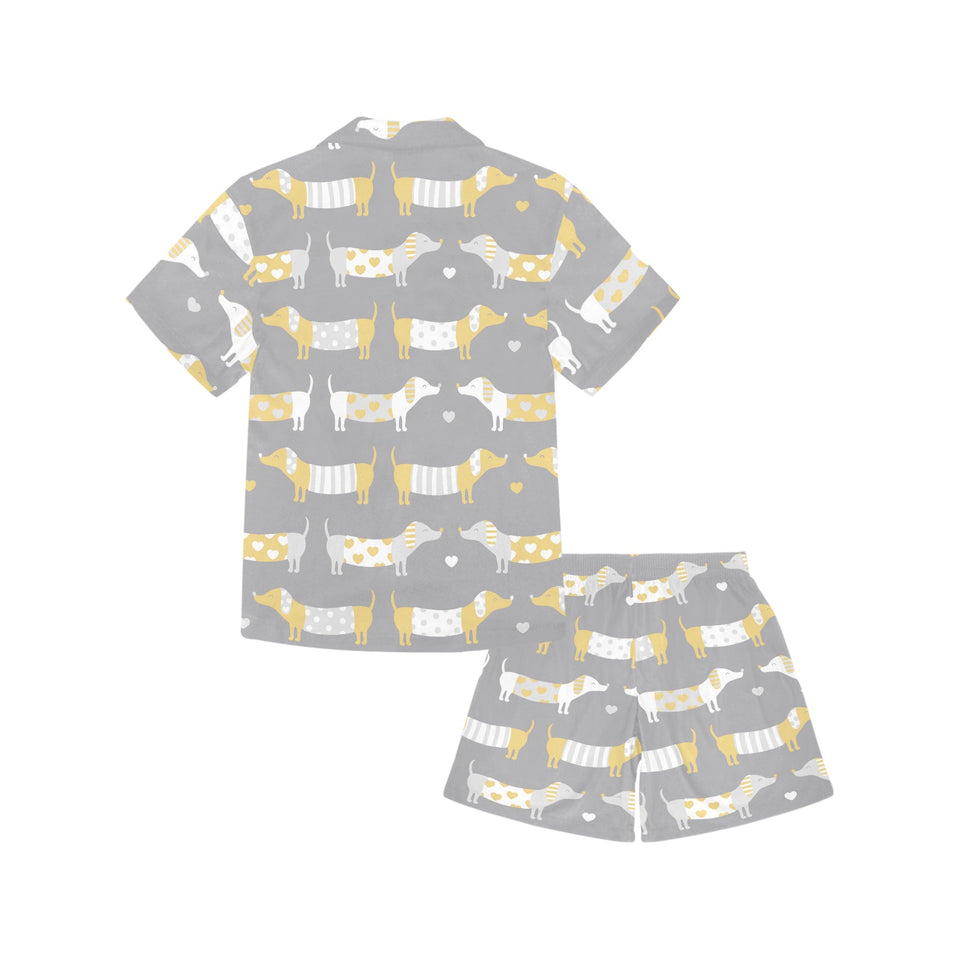 Cute dachshund dog pattern Kids' Boys' Girls' V-Neck Short Pajama Set