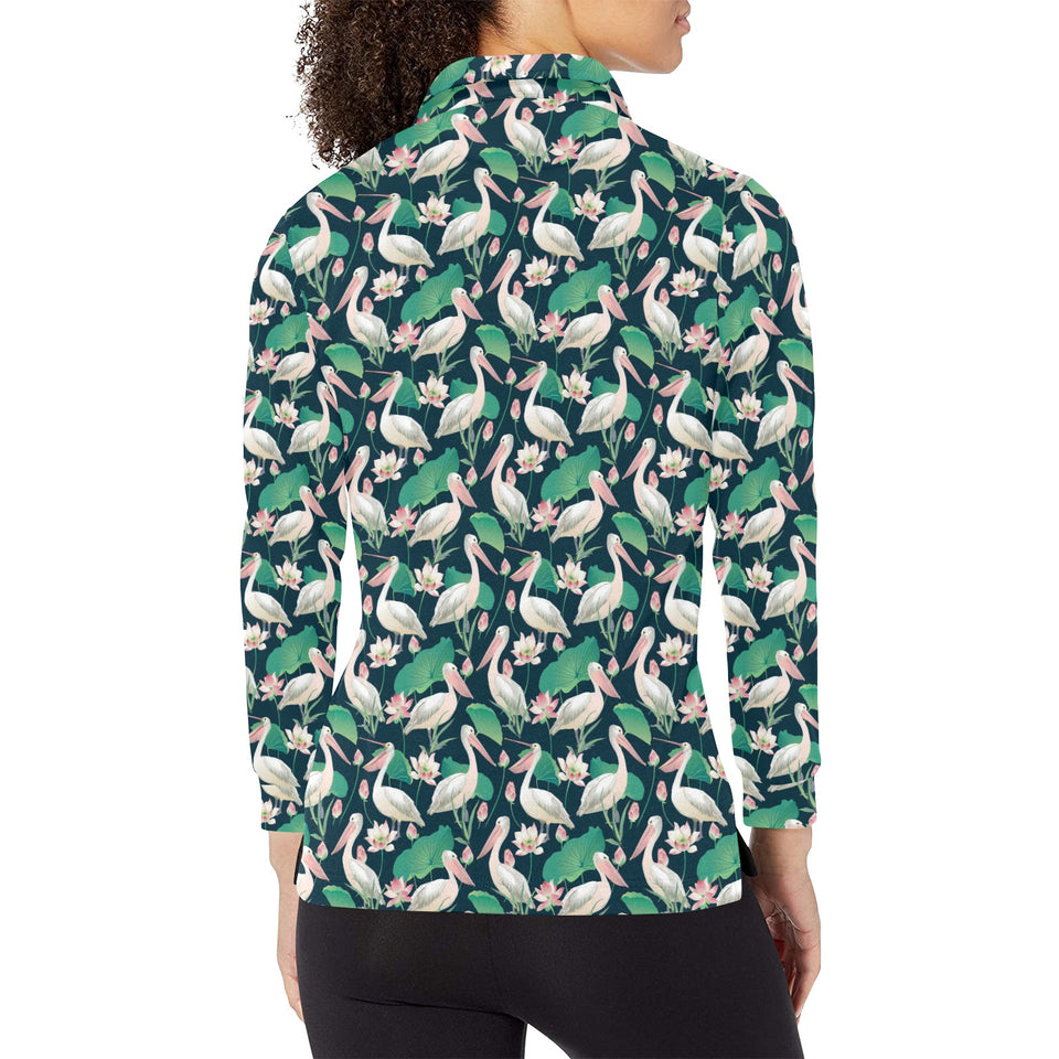 Pelican Pattern Print Design 03 Women's Long Sleeve Polo Shirt