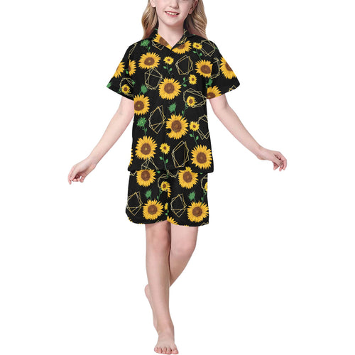 sunflower golden polygonal shapes Kids' Boys' Girls' V-Neck Short Pajama Set