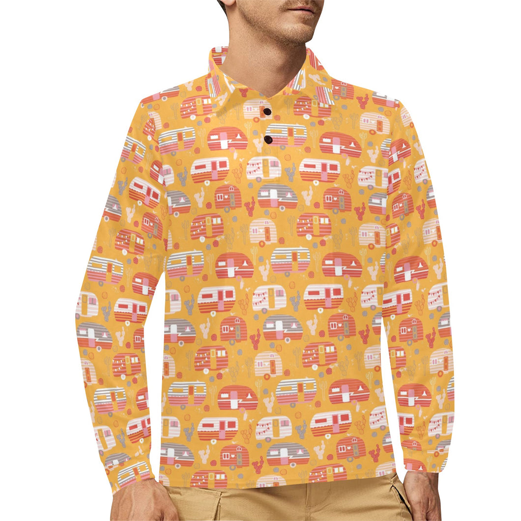Camper Van Pattern Print Design 04 Men's Long Sleeve Polo Shirt