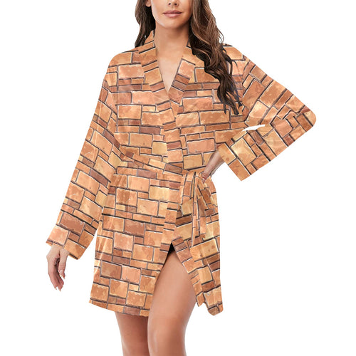 Brick Printed Pattern Print Design 04 Women's Long Sleeve Belted Night Robe