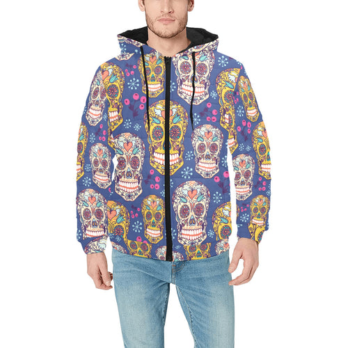 Sugar skull flower pattern Men's Padded Hooded Jacket