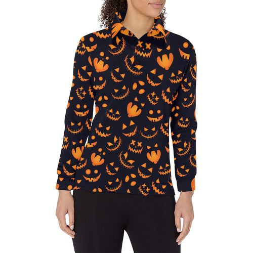 Halloween pattern Pumpkin background Women's Long Sleeve Polo Shirt