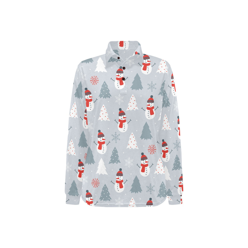 Snowman christmas tree snow gray background Women's Long Sleeve Polo Shirt