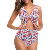 British Pattern Print Design 01 Chest Bowknot High Waisted Bikini Swimsuit