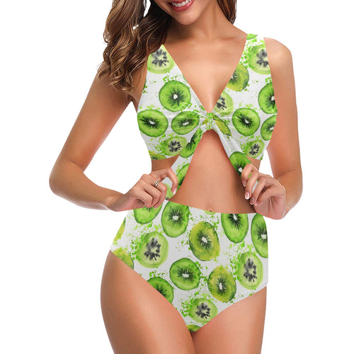 Watercolor kiwi pattern Chest Bowknot High Waisted Bikini Swimsuit