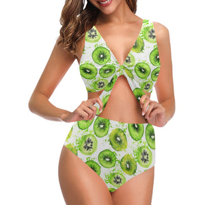 Watercolor kiwi pattern Chest Bowknot High Waisted Bikini Swimsuit