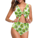 Watercolor kiwi pattern Chest Bowknot High Waisted Bikini Swimsuit