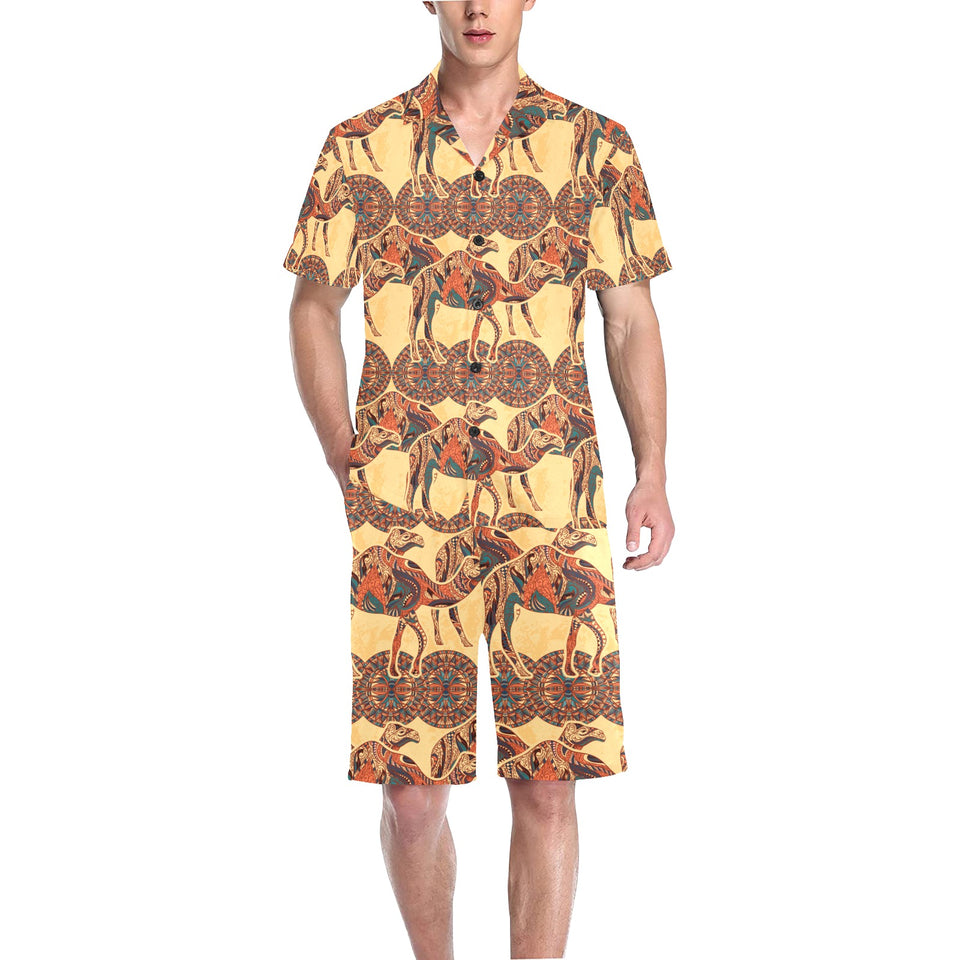 Camel polynesian tribal design pattern Men's V-Neck Short Pajama Set