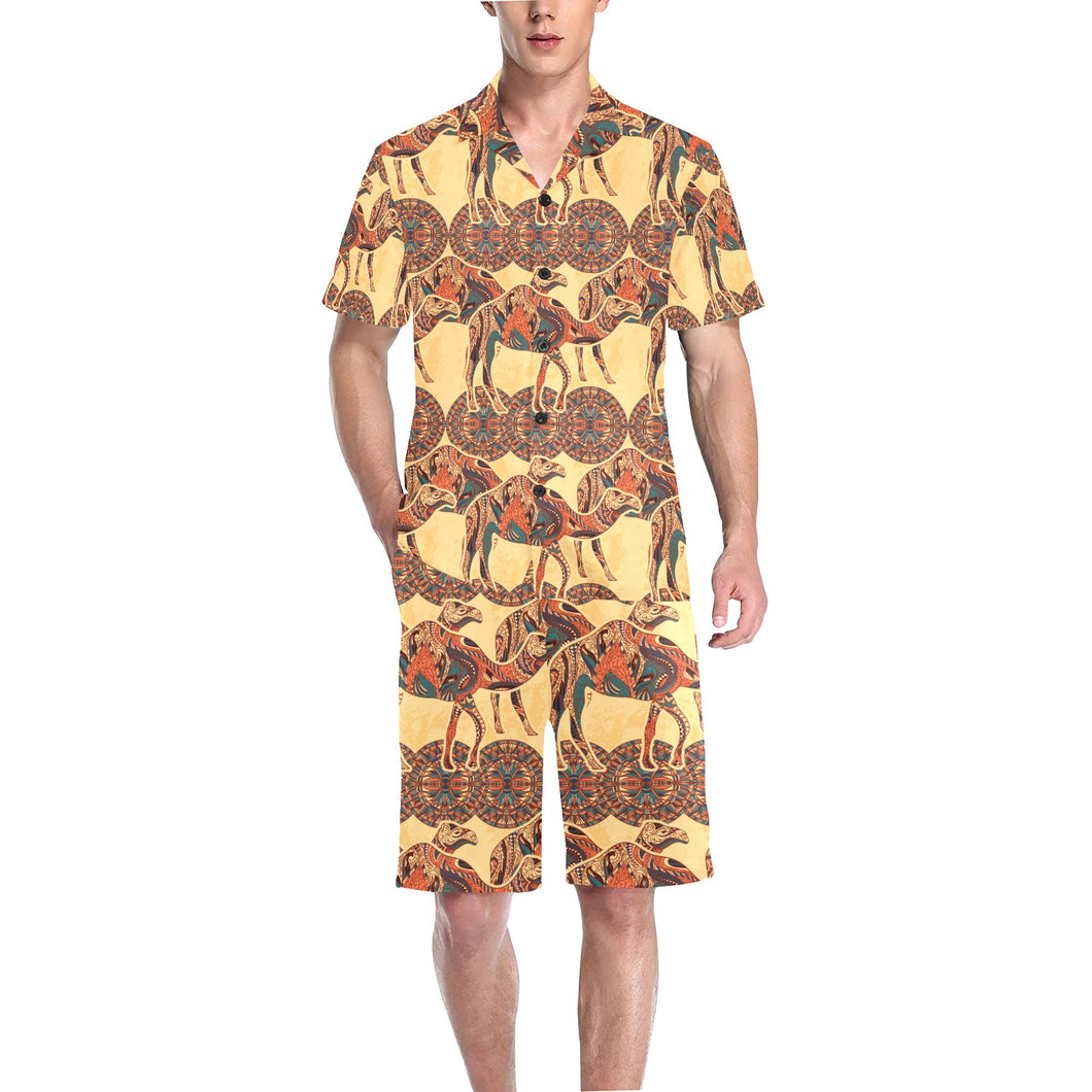 Camel polynesian tribal design pattern Men's V-Neck Short Pajama Set
