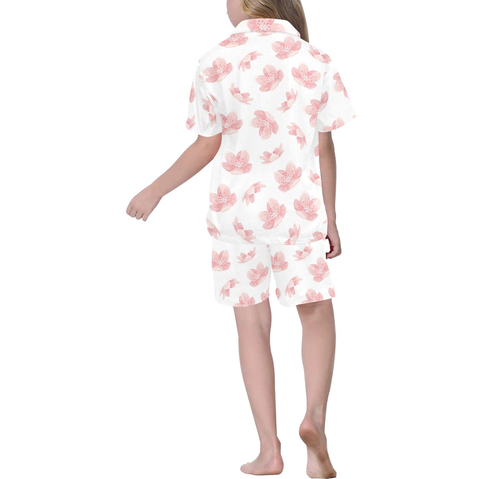 Pink sakura cherry blossom pattern Kids' Boys' Girls' V-Neck Short Pajama Set