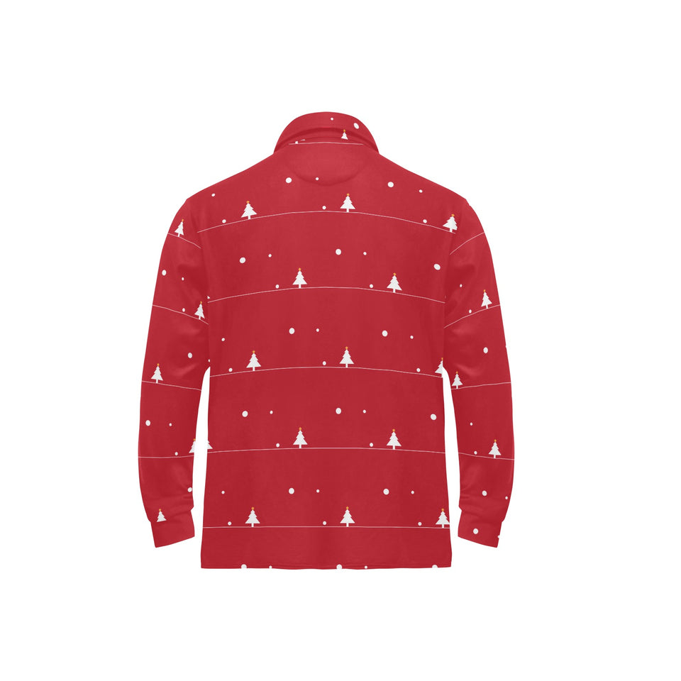 Christmas tree star snow red background Men's Long Sleeve Polo Shirt