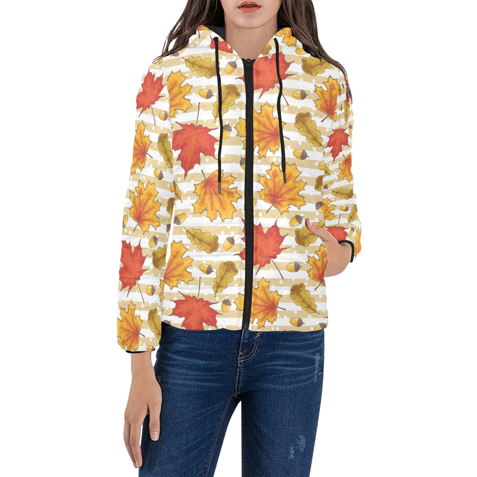 Maple leaf oak leaf acorns beige striped backgroun Women's Padded Hooded Jacket
