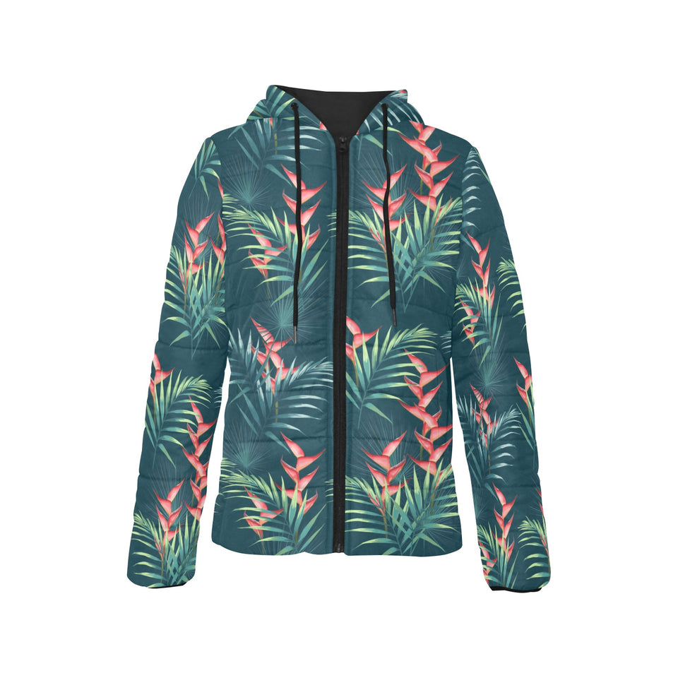 heliconia flowers, palm and monstera leaves on bla Women's Padded Hooded Jacket