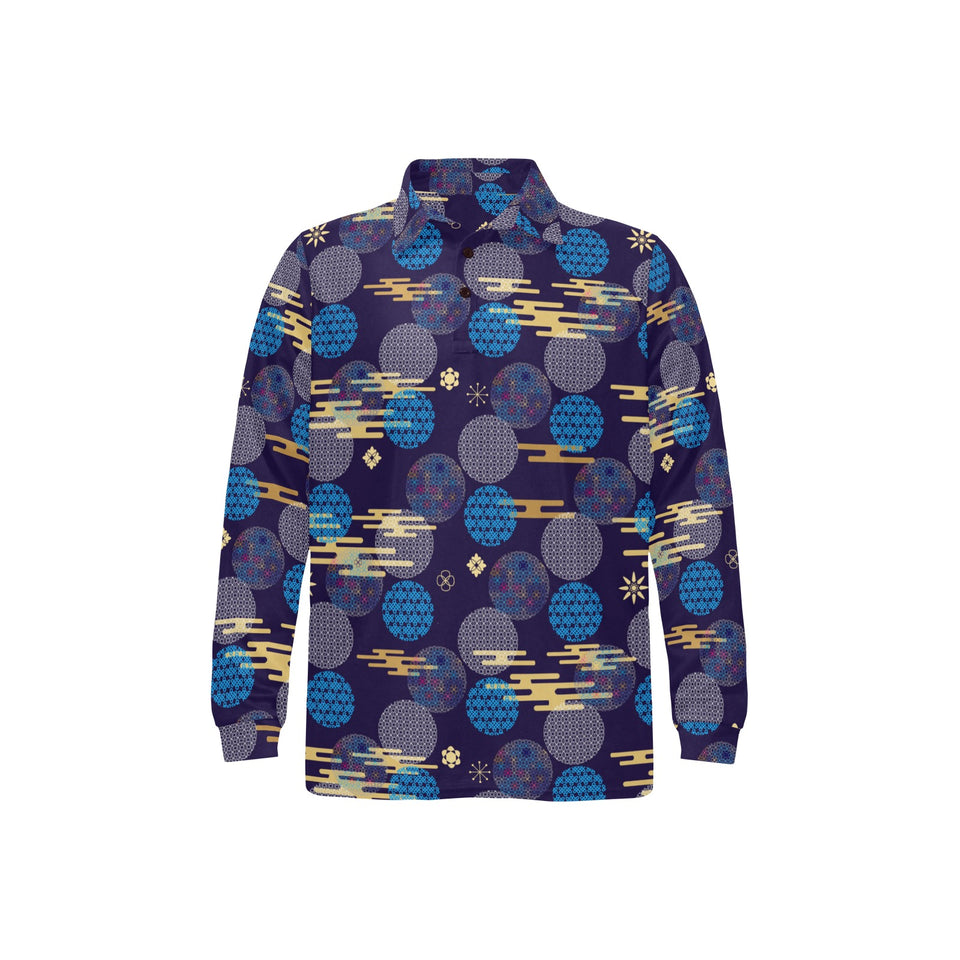 Blue japanese pattern cloud wave flower Men's Long Sleeve Polo Shirt