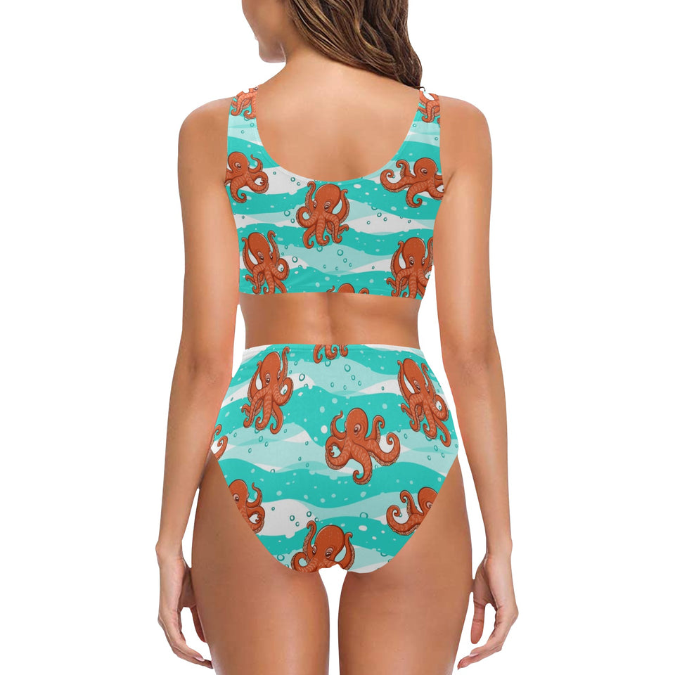 Octopuses sea wave background Chest Bowknot High Waisted Bikini Swimsuit