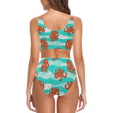 Octopuses sea wave background Chest Bowknot High Waisted Bikini Swimsuit