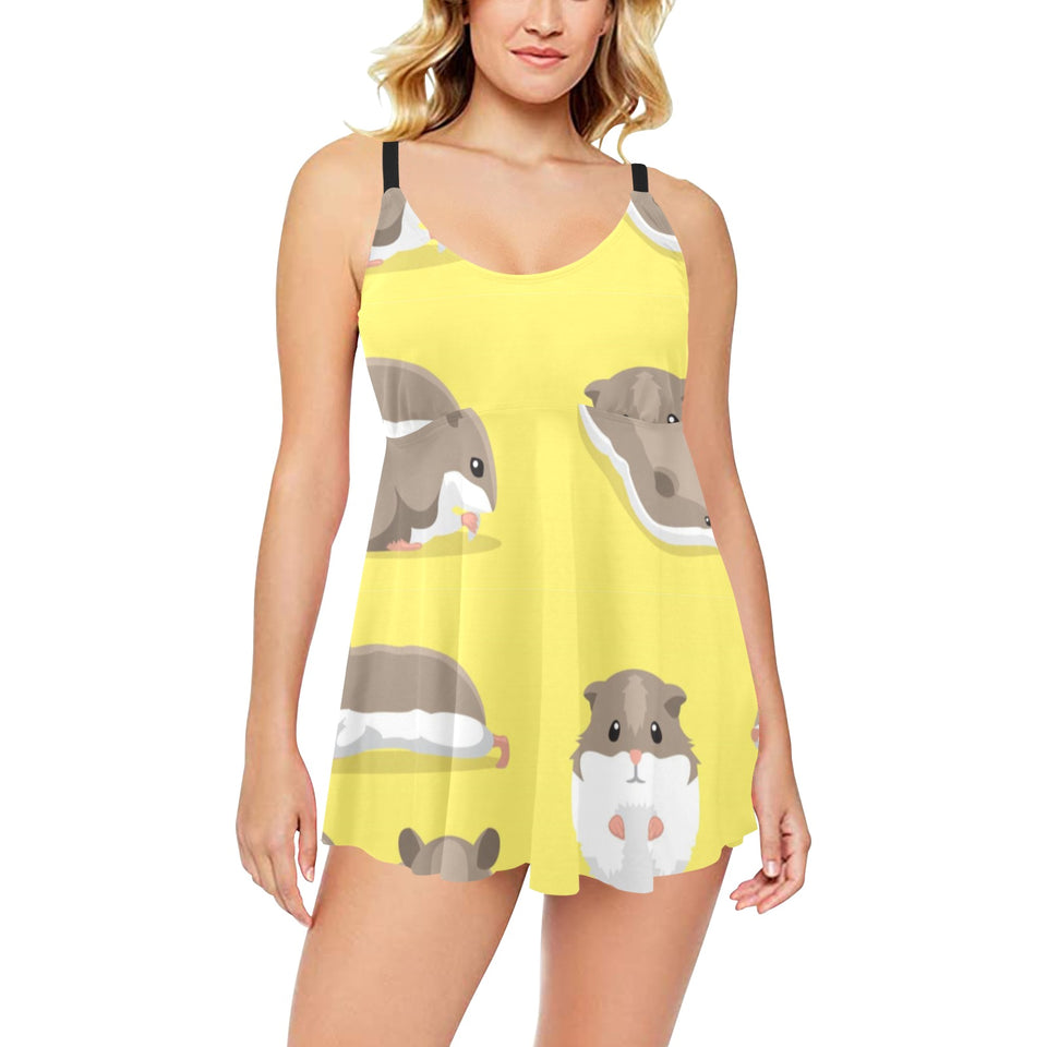 Cute Hamster pattern Chest Sexy Pleated Two Piece Swim Dress